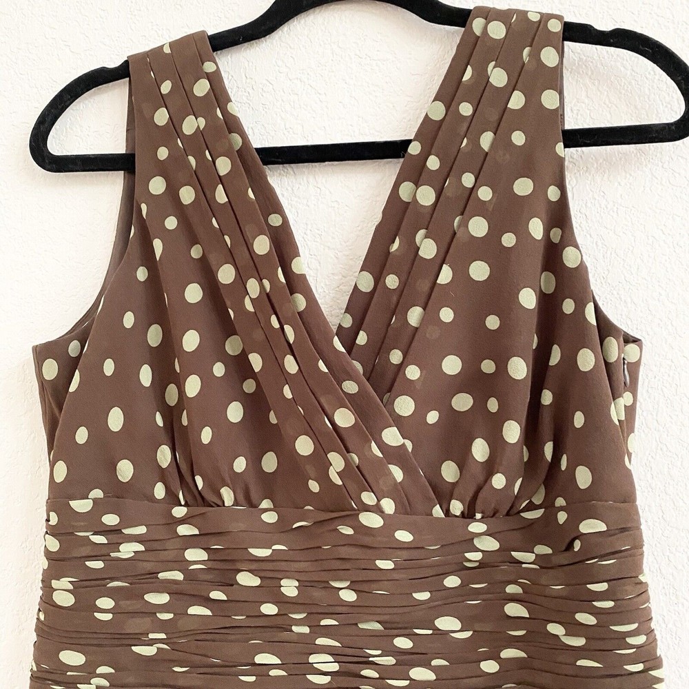 Suzi Chin Womens Size 10 Brown Green Polka Dot Empire Waist Silk Dress - Picture 5 of 16